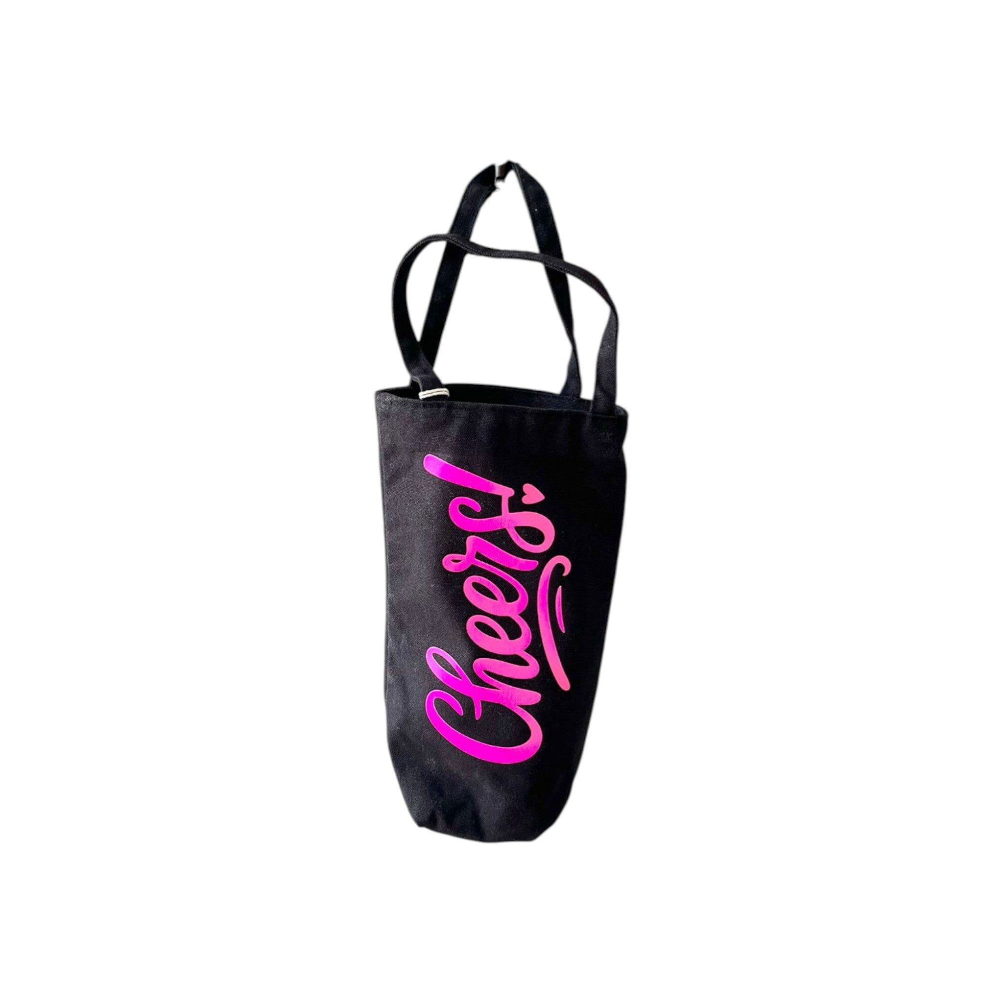 Wijnfles cadeautas - Cheers! (zwart/roze)